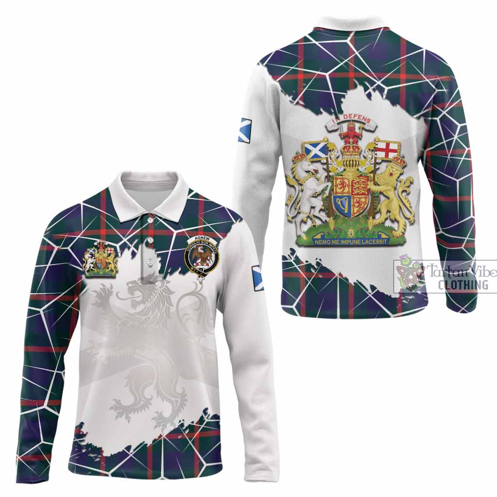Agnew Tartan Long Sleeve Polo Shirt with Family Crest and Lion Rampant Grunge Style