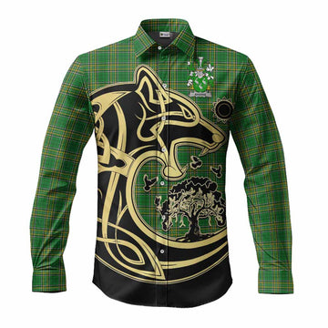Aherne Irish Tartan Long Sleeve Button Shirt with Coat of Arms Celtic Wolf Style Men's Shirt S - Tartan Vibes Clothing