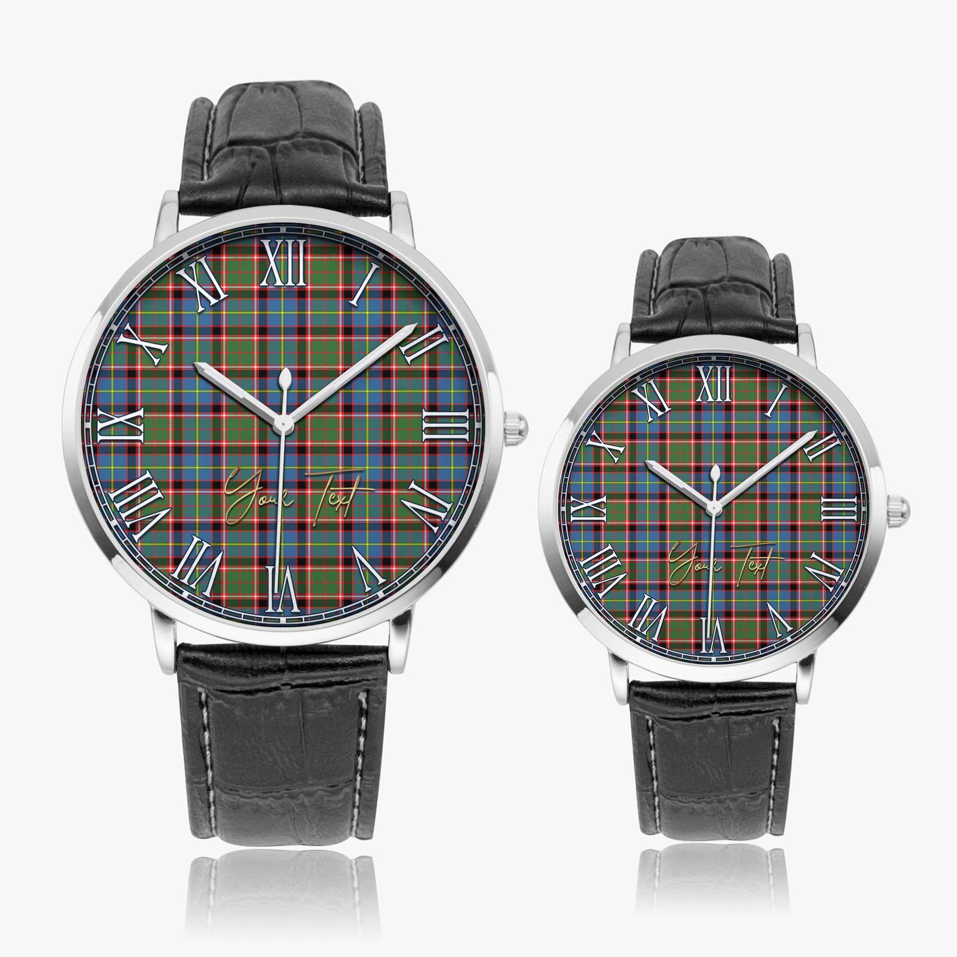 Aikenhead Tartan Personalized Your Text Leather Trap Quartz Watch Ultra Thin Silver Case With Black Leather Strap - Tartanvibesclothing