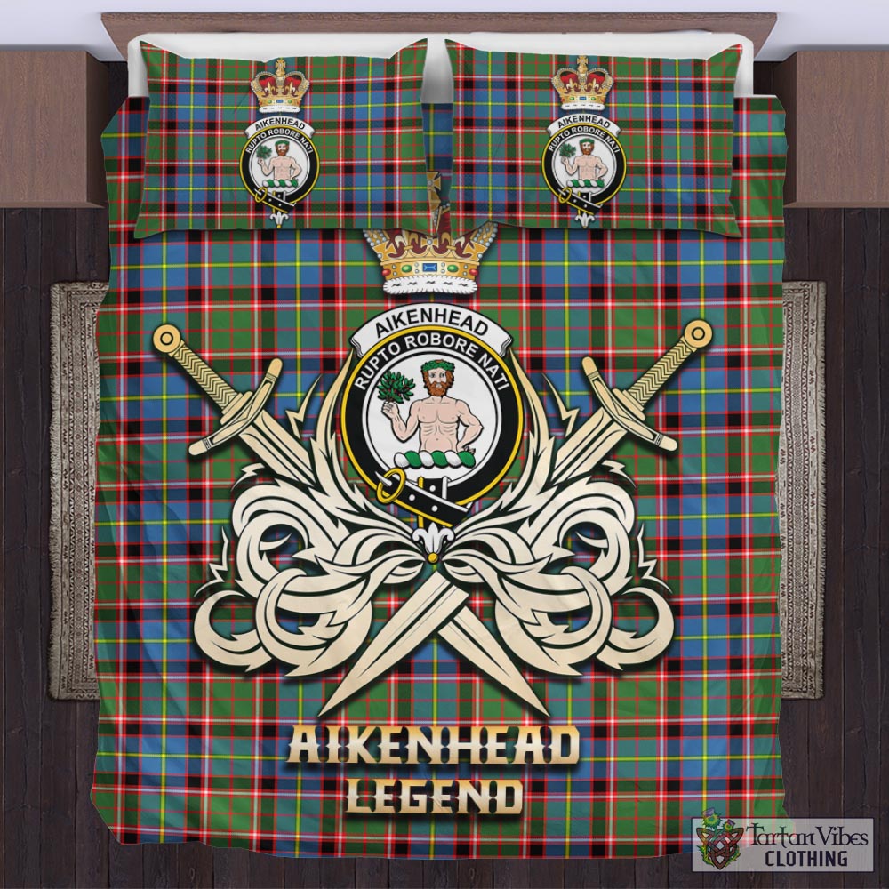 Tartan Vibes Clothing Aikenhead Tartan Bedding Set with Clan Crest and the Golden Sword of Courageous Legacy