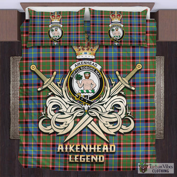 Tartan Vibes Clothing Aikenhead Tartan Bedding Set with Clan Crest and the Golden Sword of Courageous Legacy