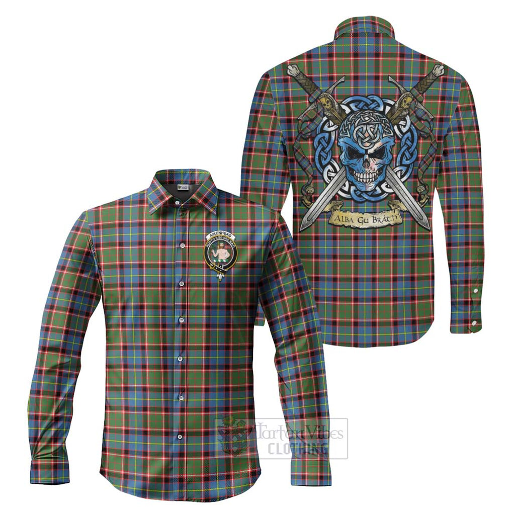 Aikenhead Tartan Long Sleeve Button Shirt with Family Crest Celtic Skull Style Men's Shirt S - Tartan Vibes Clothing