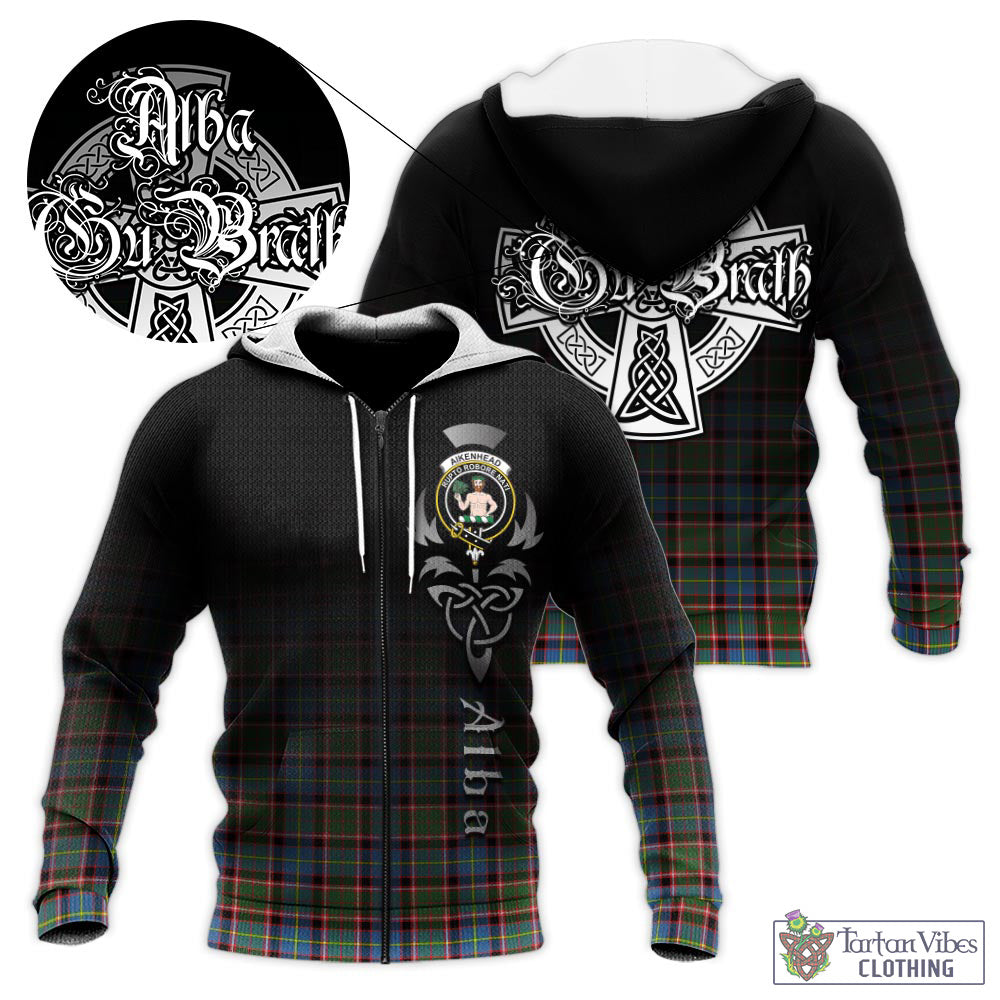 Tartan Vibes Clothing Aikenhead Tartan Knitted Hoodie Featuring Alba Gu Brath Family Crest Celtic Inspired