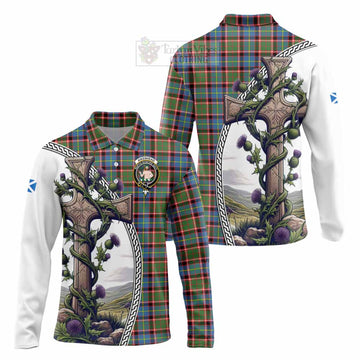 Aikenhead Tartan Long Sleeve Polo Shirt with Family Crest and St. Andrew's Cross Accented by Thistle Vines Unisex - Tartan Vibes Clothing
