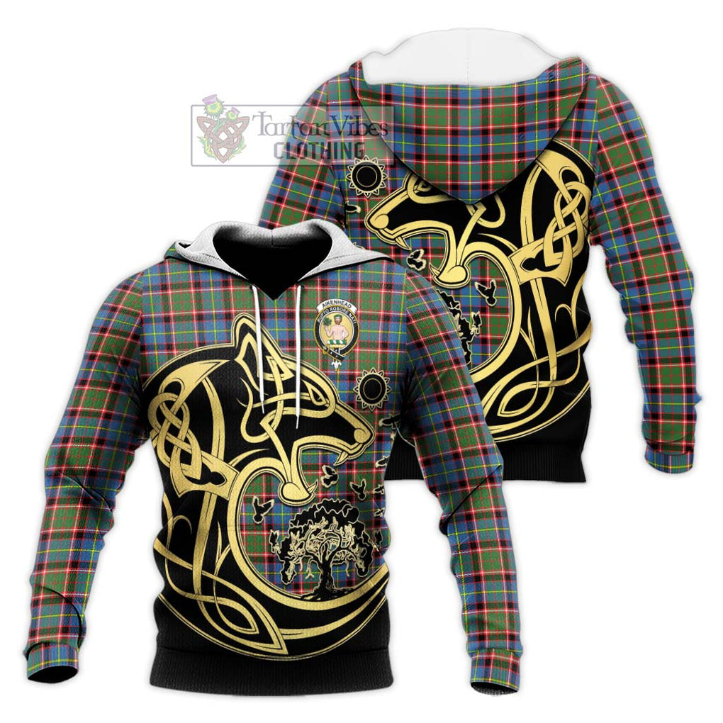 Aikenhead Tartan Knitted Hoodie with Family Crest Celtic Wolf Style Unisex Knitted Pullover Hoodie - Tartan Vibes Clothing