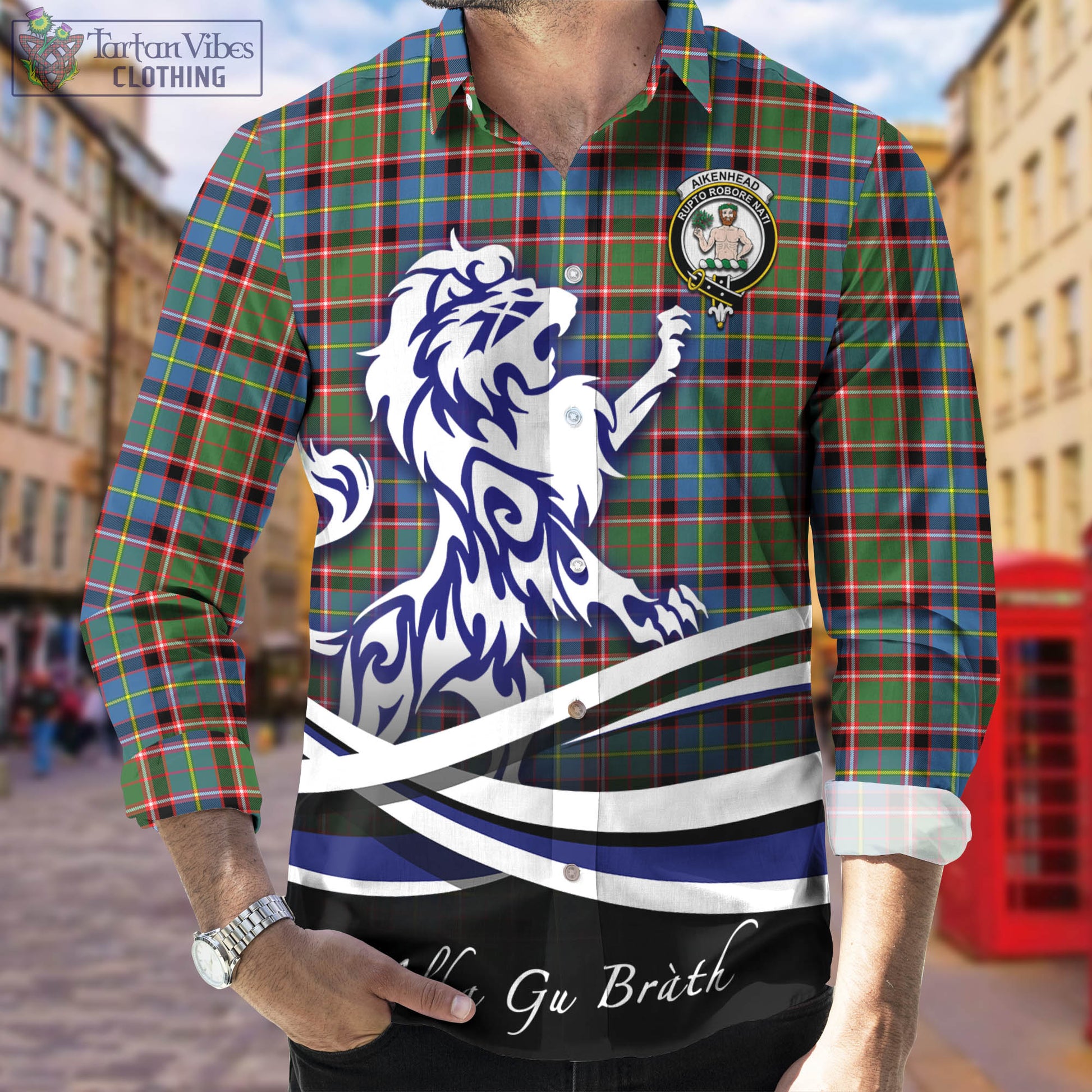 Aikenhead Tartan Long Sleeve Button Up Shirt with Alba Gu Brath Regal Lion Emblem Men's Shirt - Tartan Vibes Clothing