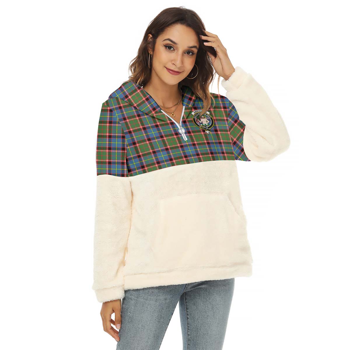 Aikenhead Tartan Women's Borg Fleece Hoodie With Half Zip with Family Crest Female - Tartan Vibes Clothing