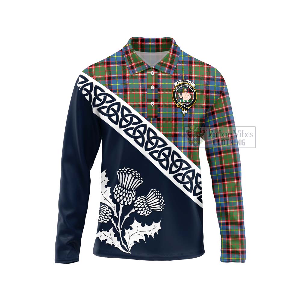 Aikenhead Tartan Long Sleeve Polo Shirt Featuring Thistle and Scotland Map Unisex - Tartan Vibes Clothing