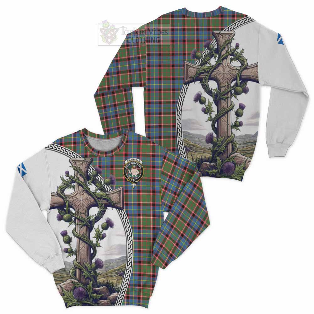 Aikenhead Tartan Sweatshirt with Family Crest and St. Andrew's Cross Accented by Thistle Vines Unisex - Tartan Vibes Clothing