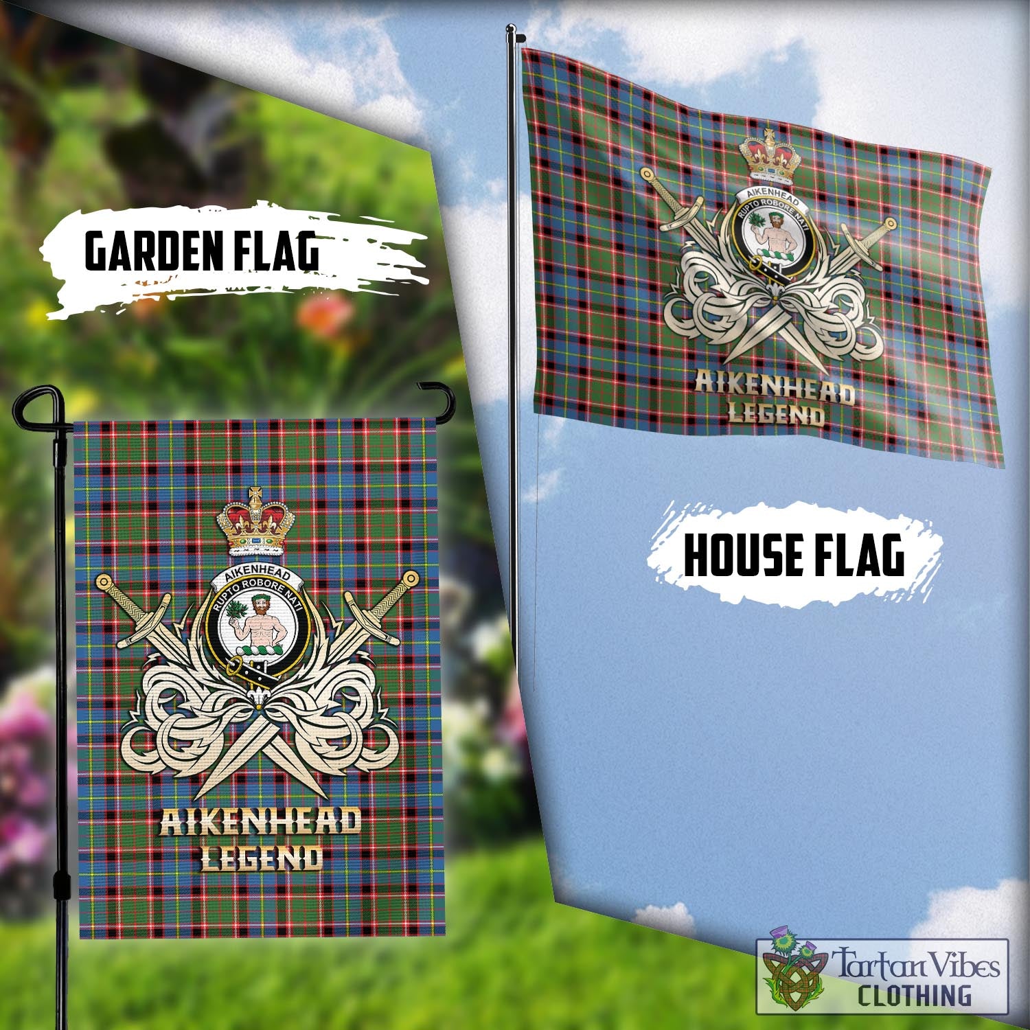 Tartan Vibes Clothing Aikenhead Tartan Flag with Clan Crest and the Golden Sword of Courageous Legacy