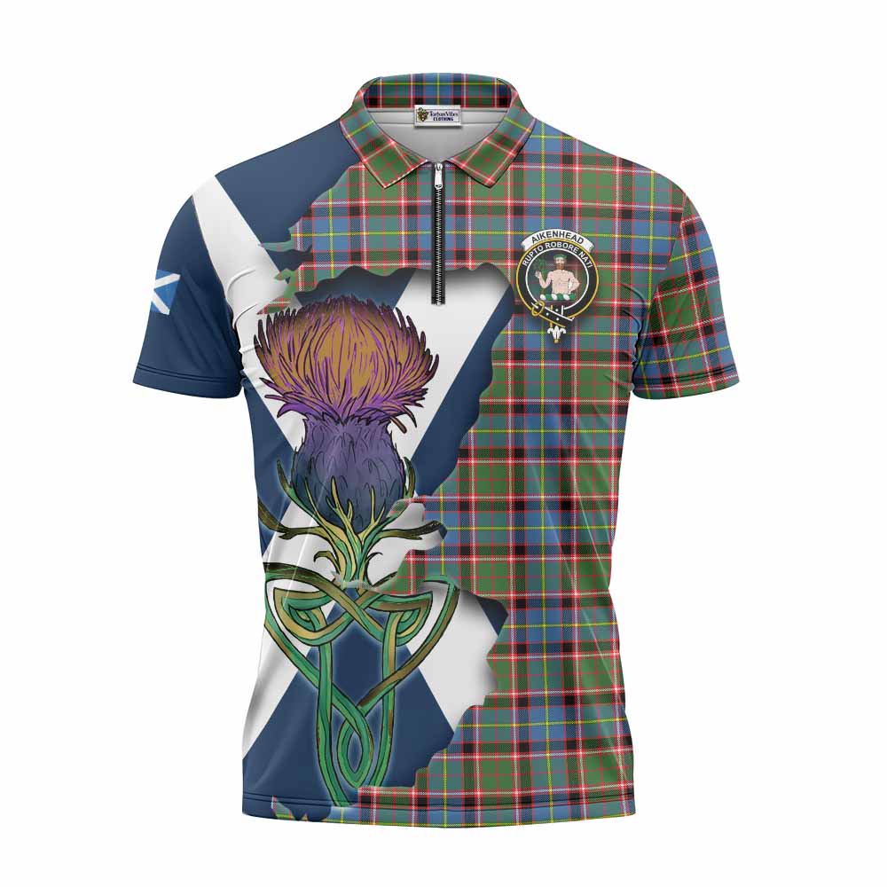 Tartan Vibes Clothing Aikenhead Tartan Family Crest Zipper Polo Shirt Scottish Thistle Celtic Inspired