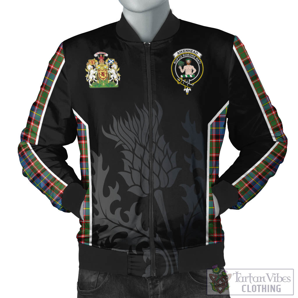 Aikenhead Tartan Bomber Jacket with Family Crest and Scottish Thistle Vibes Sport Style Unisex Black - Tartan Vibes Clothing