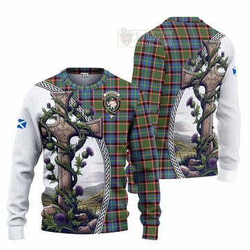 Aikenhead Tartan Knitted Sweater with Family Crest and St. Andrew's Cross Accented by Thistle Vines Unisex - Tartan Vibes Clothing
