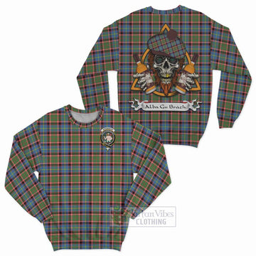Aikenhead Tartan Sweatshirt with Family Crest and Bearded Skull Holding Bottles of Whiskey Unisex - Tartan Vibes Clothing