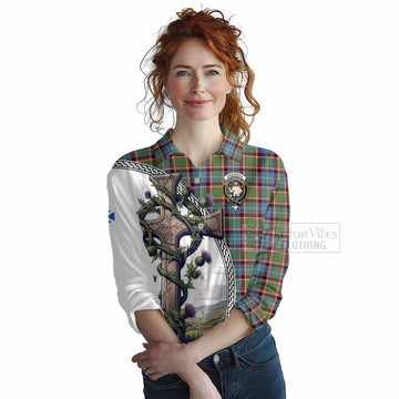 Aikenhead Tartan Women's Casual Shirt with Family Crest and St. Andrew's Cross Accented by Thistle Vines Female - Tartan Vibes Clothing