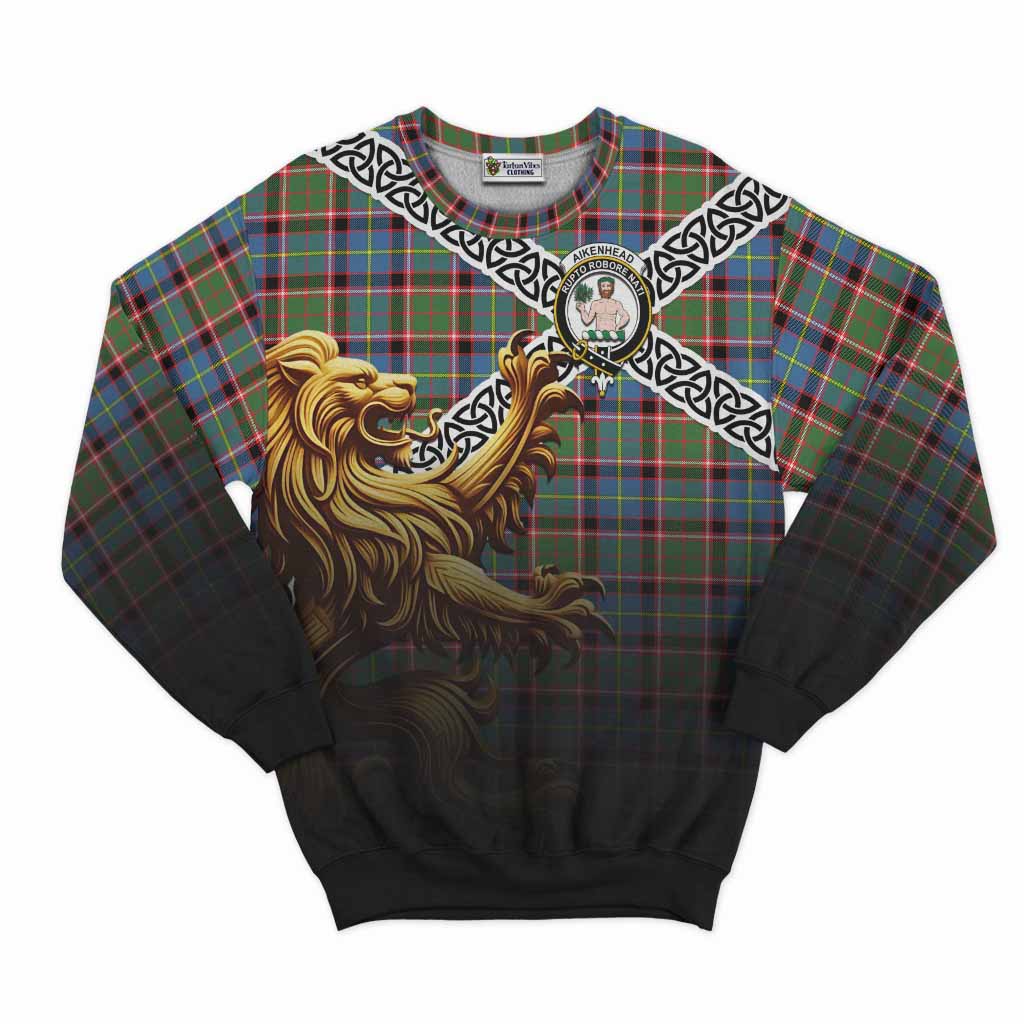 Aikenhead Crest Tartan Sweatshirt with Golden Lion Emblem Celtic Style Unisex - Tartan Vibes Clothing