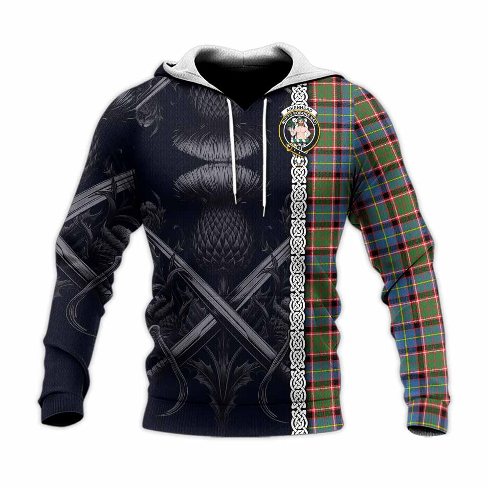 Tartan Vibes Clothing Aikenhead Tartan Knitted Hoodie with Family Crest Cross Sword Thistle Celtic Vibes