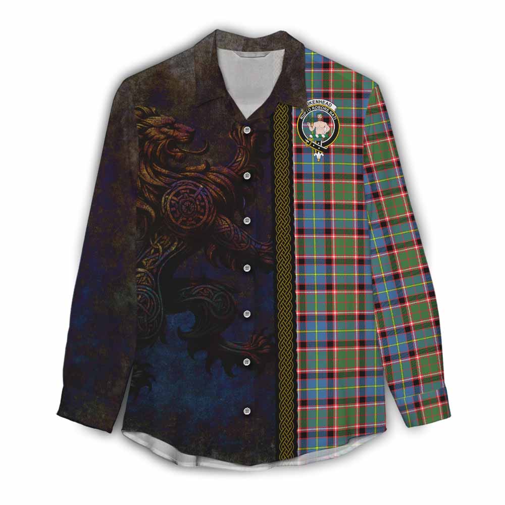 Tartan Vibes Clothing Aikenhead Tartan Family Crest Women's Casual Shirt Alba Gu Brath Be Brave Lion Ancient Style