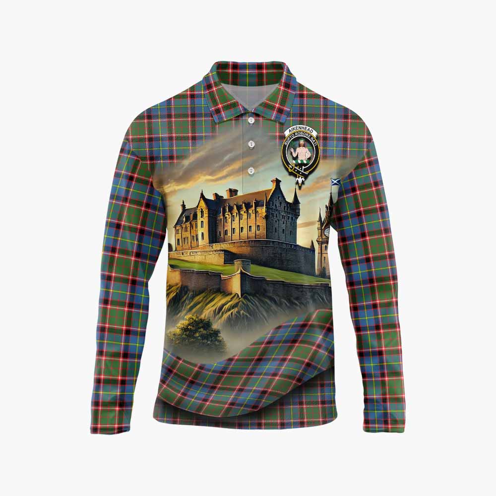 Aikenhead Tartan Family Crest Long Sleeve Polo Shirt with Scottish Ancient Castle Style Unisex - Tartan Vibes Clothing