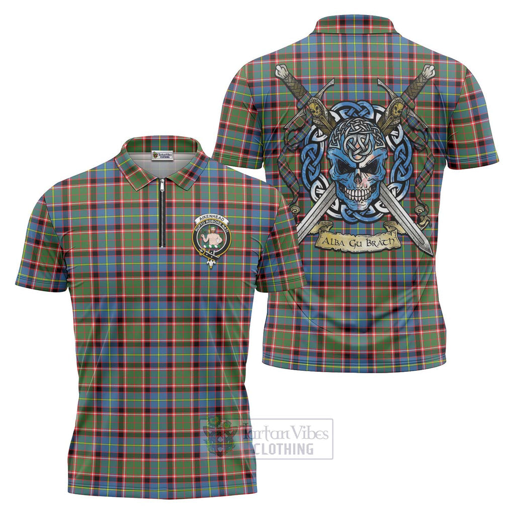 Aikenhead Tartan Zipper Polo Shirt with Family Crest Celtic Skull Style Unisex - Tartan Vibes Clothing