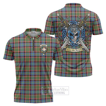 Aikenhead Tartan Zipper Polo Shirt with Family Crest Celtic Skull Style Unisex - Tartan Vibes Clothing