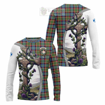 Aikenhead Tartan Long Sleeve T-Shirt with Family Crest and St. Andrew's Cross Accented by Thistle Vines Unisex - Tartan Vibes Clothing