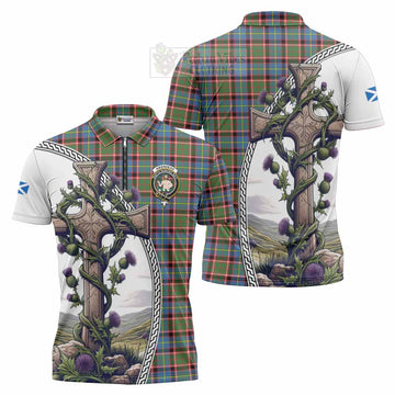 Aikenhead Tartan Zipper Polo Shirt with Family Crest and St. Andrew's Cross Accented by Thistle Vines Unisex - Tartan Vibes Clothing