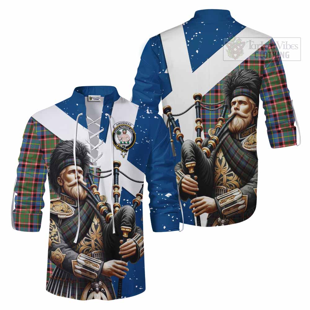 Tartan Vibes Clothing Aikenhead Tartan Ghillie Kilt Shirt with Family Crest Scottish Bagpiper Vibes