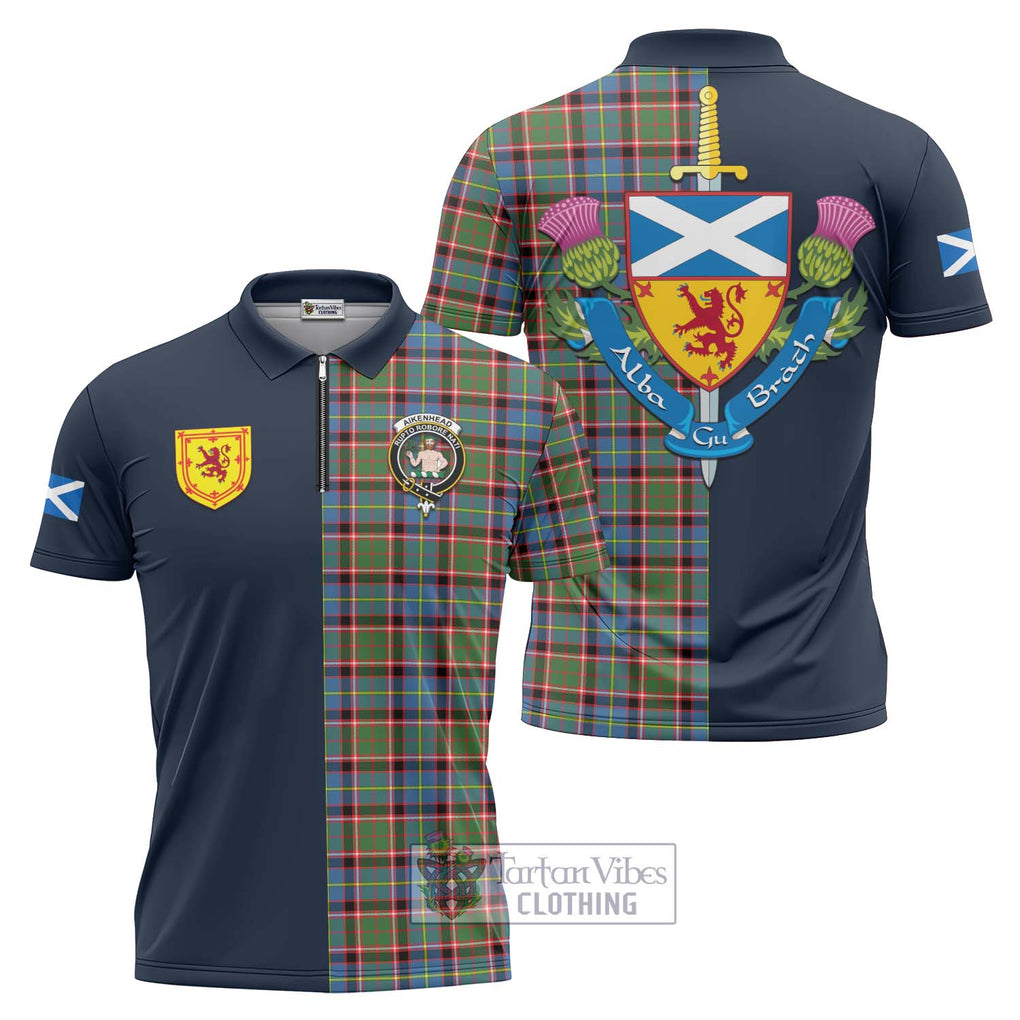 Aikenhead Tartan Zipper Polo Shirt Alba with Scottish Lion Royal Arm Half Style Unisex - Tartan Vibes Clothing