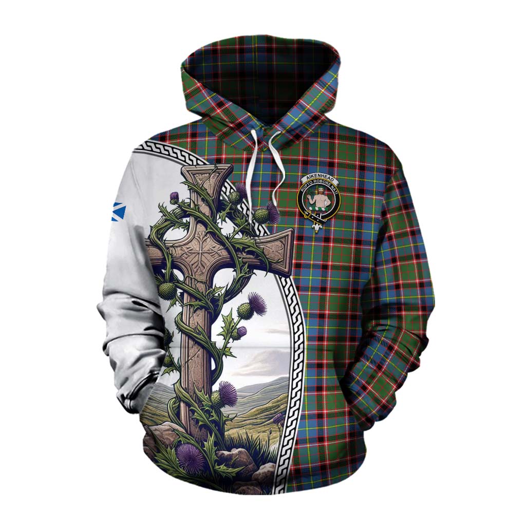 Tartan Vibes Clothing Aikenhead Tartan Cotton Hoodie with Family Crest and St. Andrew's Cross Accented by Thistle Vines