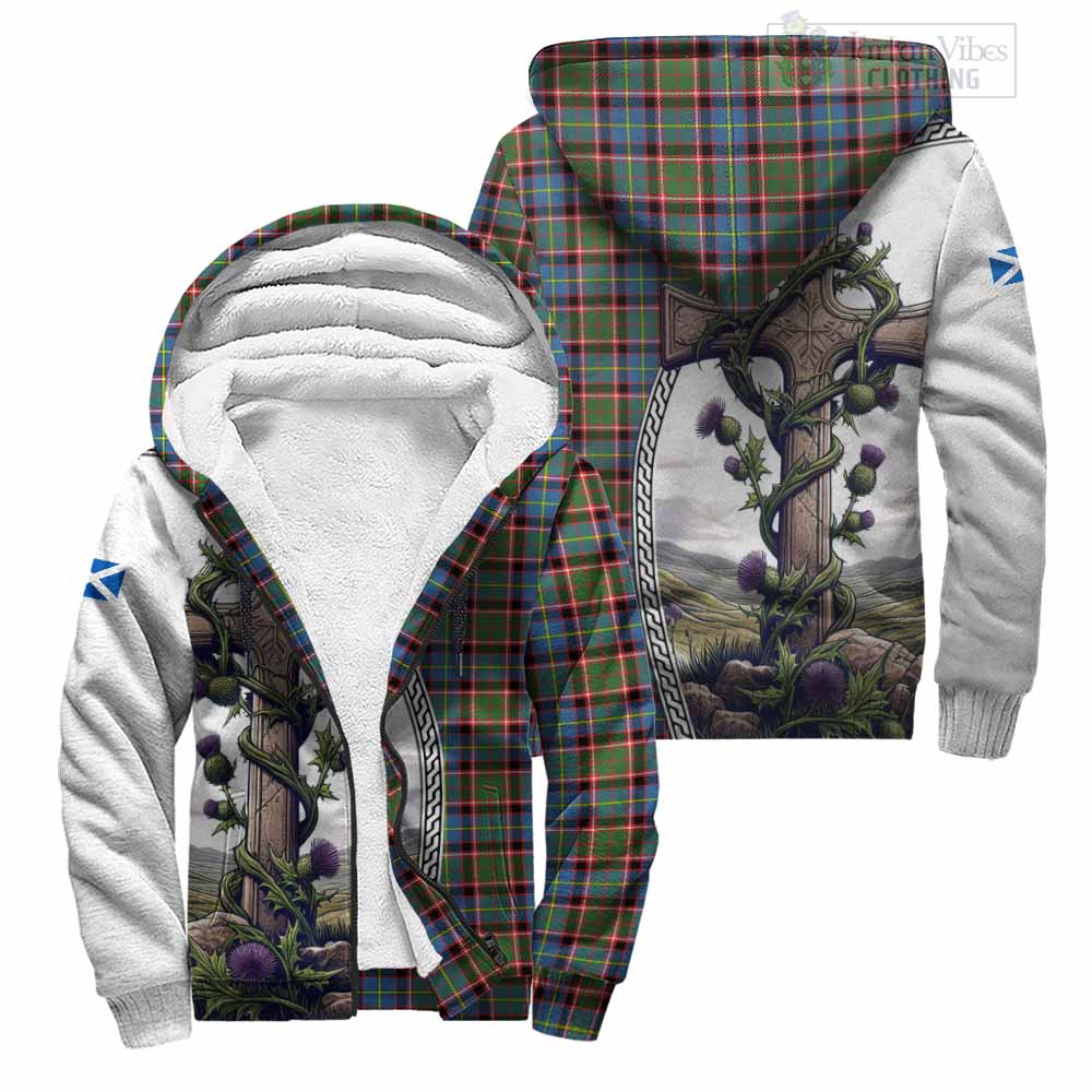 Tartan Vibes Clothing Aikenhead Tartan Sherpa Hoodie with Family Crest and St. Andrew's Cross Accented by Thistle Vines