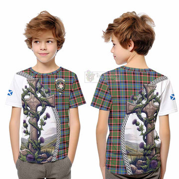 Aikenhead Tartan Kid T-Shirt with Family Crest and St. Andrew's Cross Accented by Thistle Vines Youth XL Size14 - Tartan Vibes Clothing