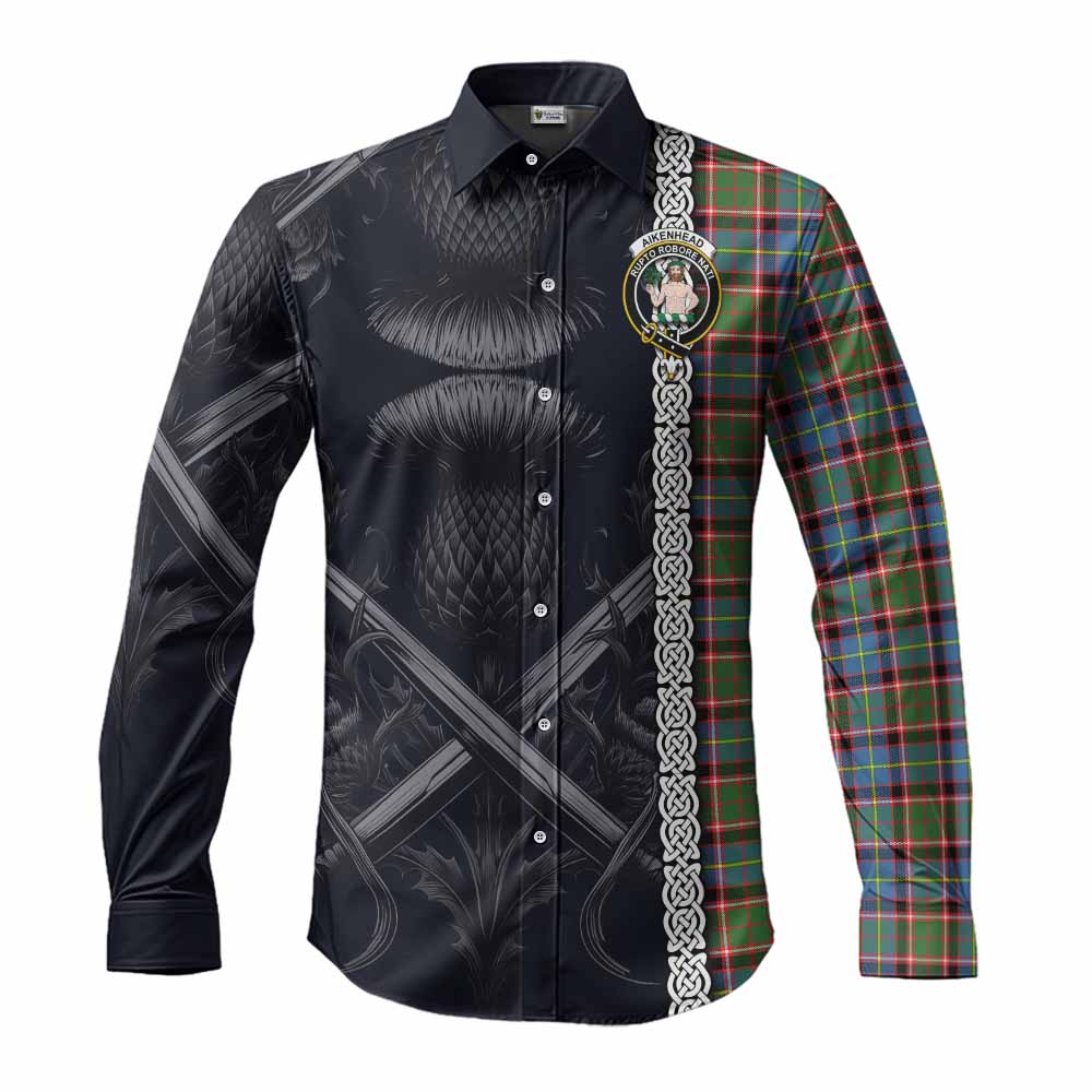 Tartan Vibes Clothing Aikenhead Tartan Long Sleeve Button Shirt with Family Crest Cross Sword Thistle Celtic Vibes