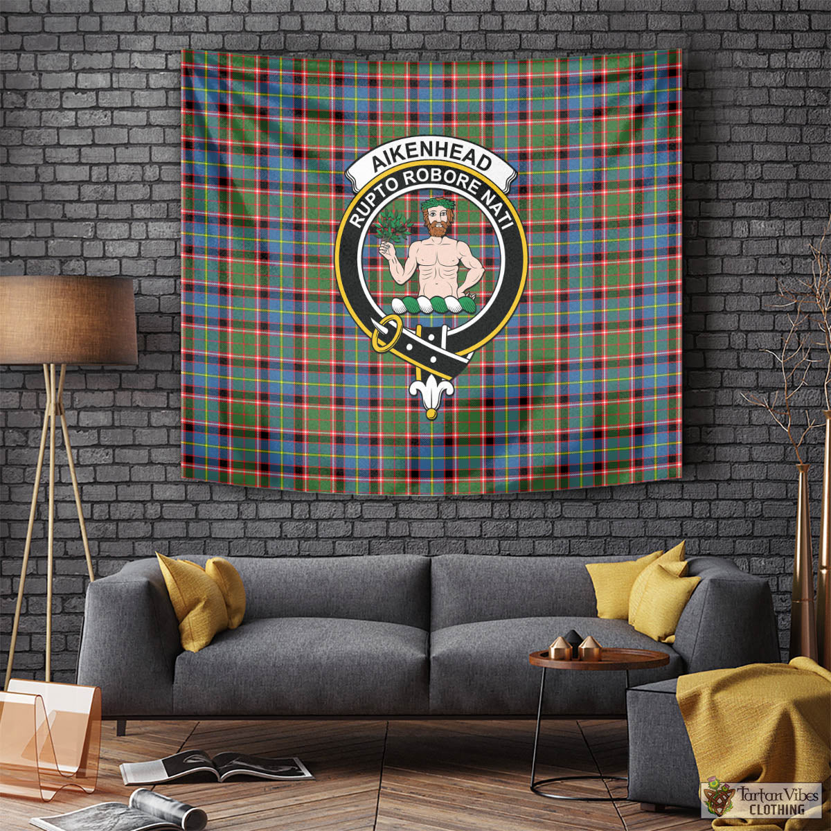 Tartan Vibes Clothing Aikenhead Tartan Tapestry Wall Hanging and Home Decor for Room with Family Crest