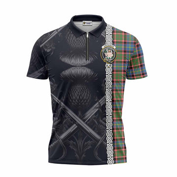 Aikenhead Tartan Zipper Polo Shirt with Family Crest Cross Sword Thistle Celtic Vibes Unisex - Tartan Vibes Clothing