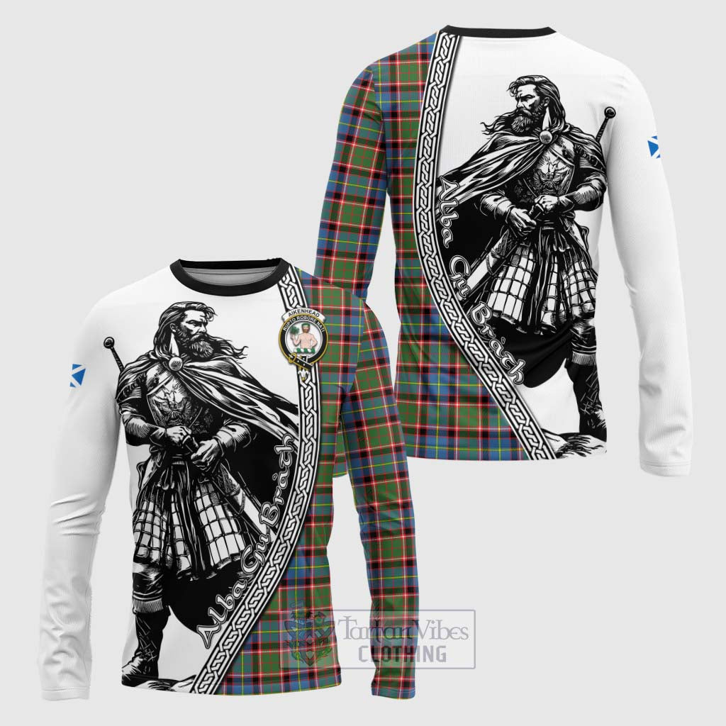 Tartan Vibes Clothing Aikenhead Tartan Clan Crest Long Sleeve T-Shirt with Highlander Warrior Celtic Style