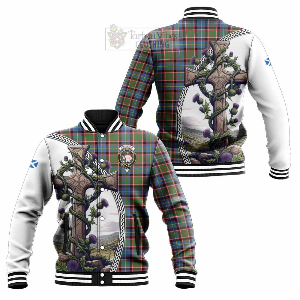 Tartan Vibes Clothing Aikenhead Tartan Baseball Jacket with Family Crest and St. Andrew's Cross Accented by Thistle Vines