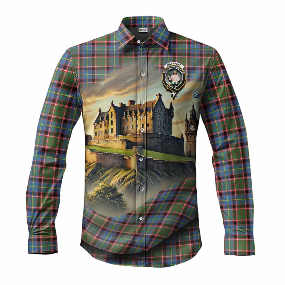 Tartan Vibes Clothing Aikenhead Tartan Family Crest Long Sleeve Button Shirt with Scottish Ancient Castle Style
