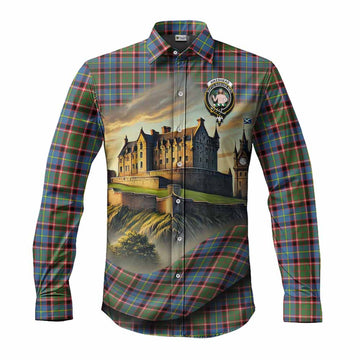 Tartan Vibes Clothing Aikenhead Tartan Family Crest Long Sleeve Button Shirt with Scottish Ancient Castle Style