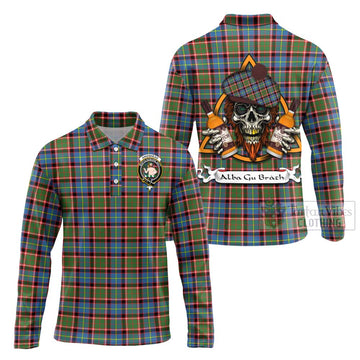 Aikenhead Tartan Long Sleeve Polo Shirt with Family Crest and Bearded Skull Holding Bottles of Whiskey Unisex - Tartan Vibes Clothing
