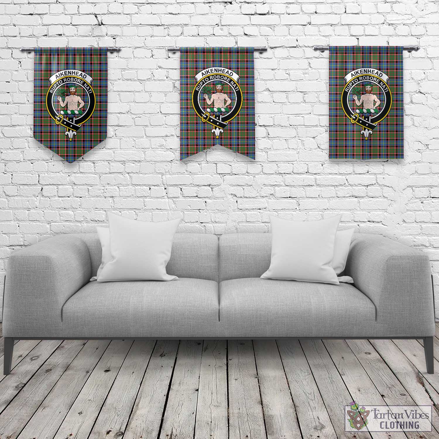 Tartan Vibes Clothing Aikenhead Tartan Gonfalon, Tartan Banner with Family Crest