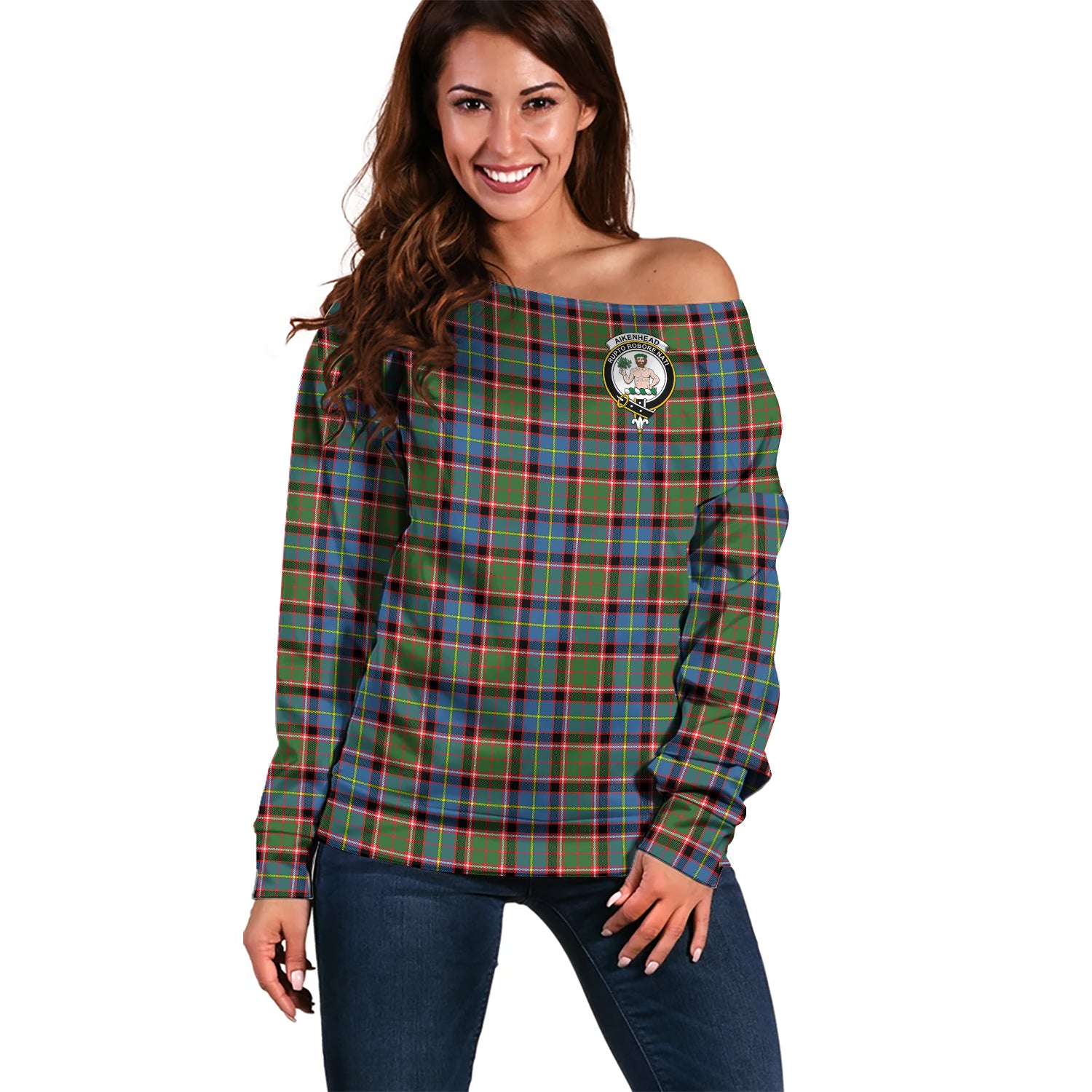 Aikenhead Tartan Off Shoulder Women Sweater with Family Crest Women - Tartanvibesclothing
