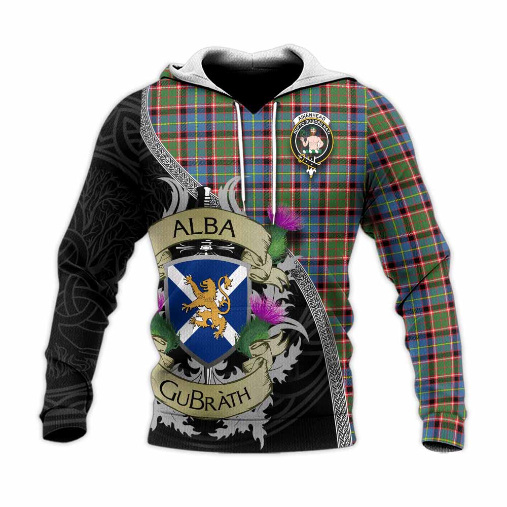 Tartan Vibes Clothing Aikenhead Tartan Family Crest Knitted Hoodie Lion Rampant Royal Thistle Shield Celtic Inspired