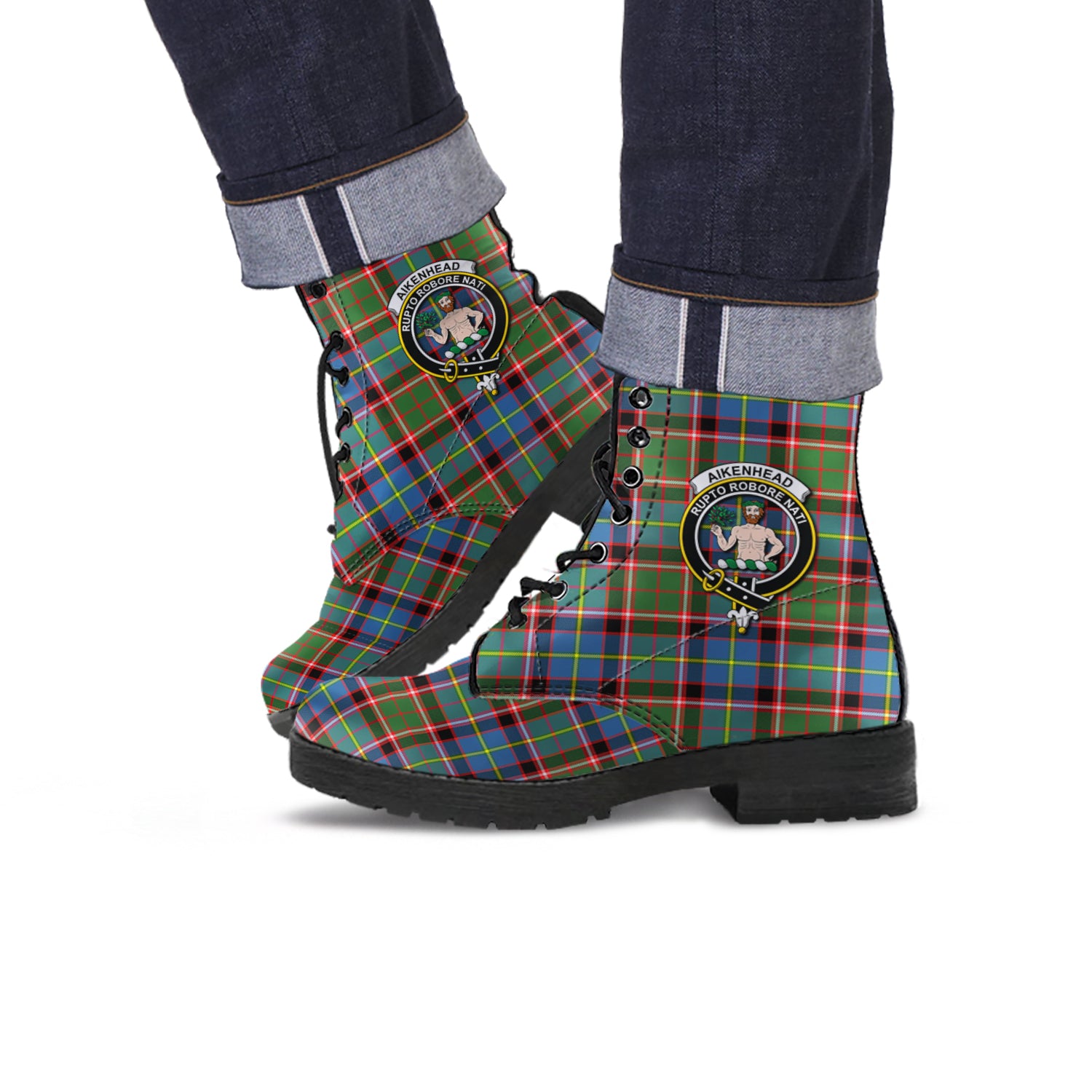 Aikenhead Tartan Leather Boots with Family Crest - Tartanvibesclothing