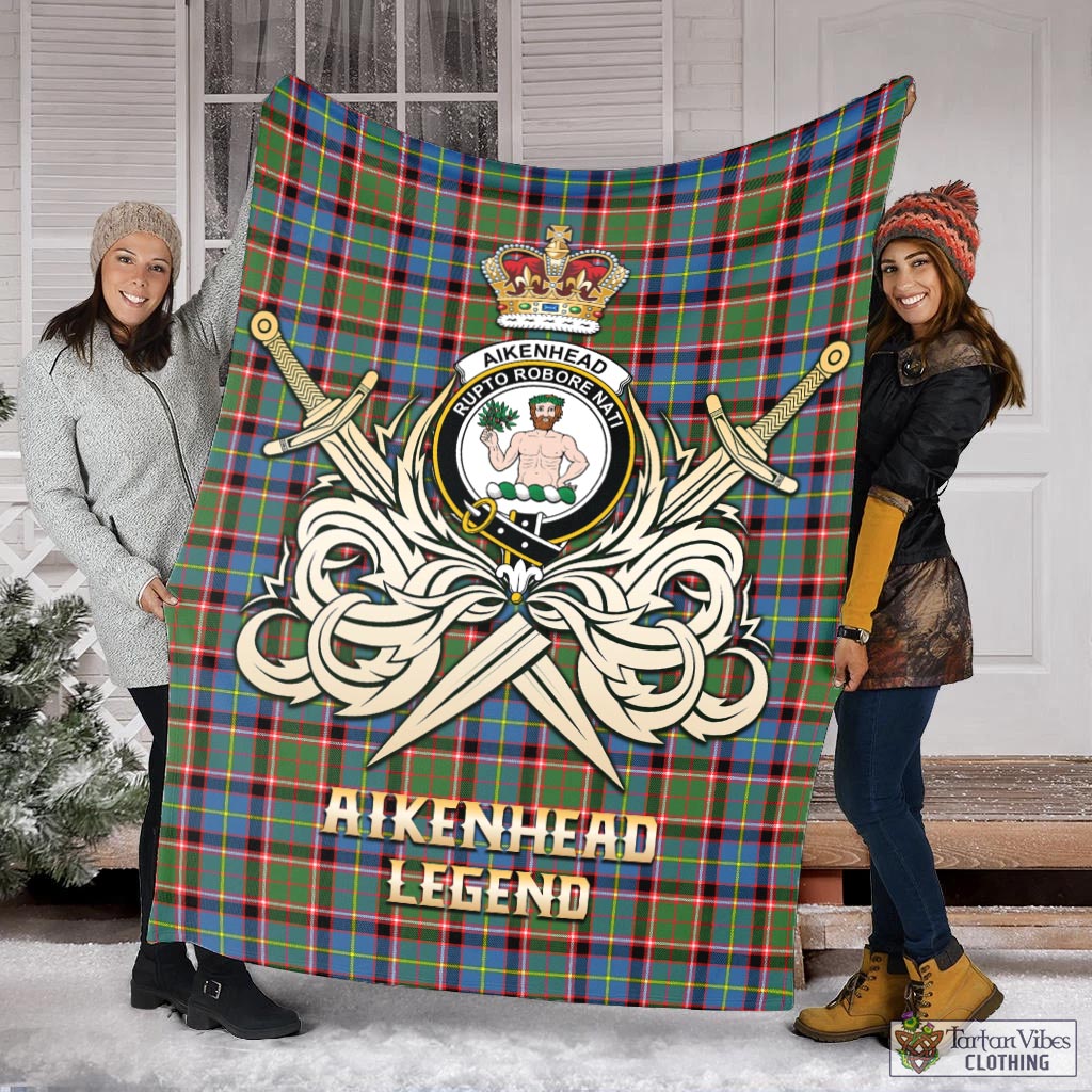 Tartan Vibes Clothing Aikenhead Tartan Blanket with Clan Crest and the Golden Sword of Courageous Legacy