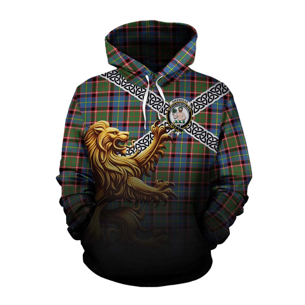 Aikenhead Crest Tartan Cotton Hoodie with Golden Lion Emblem Celtic Style Pullover Hoodie XS - Tartan Vibes Clothing