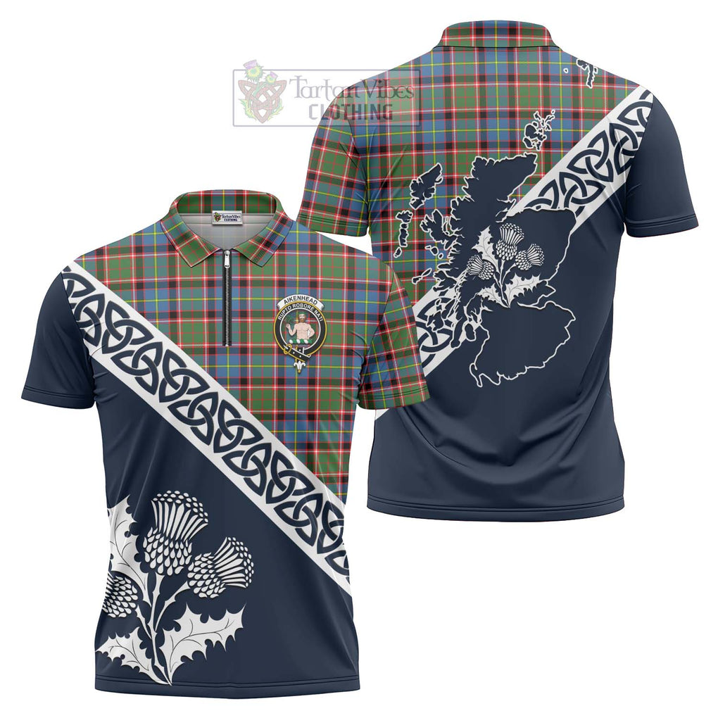 Aikenhead Tartan Zipper Polo Shirt Featuring Thistle and Scotland Map Unisex - Tartanvibesclothing Store