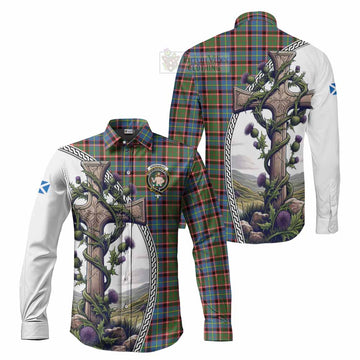 Aikenhead Tartan Long Sleeve Button Shirt with Family Crest and St. Andrew's Cross Accented by Thistle Vines Men's Shirt S - Tartan Vibes Clothing
