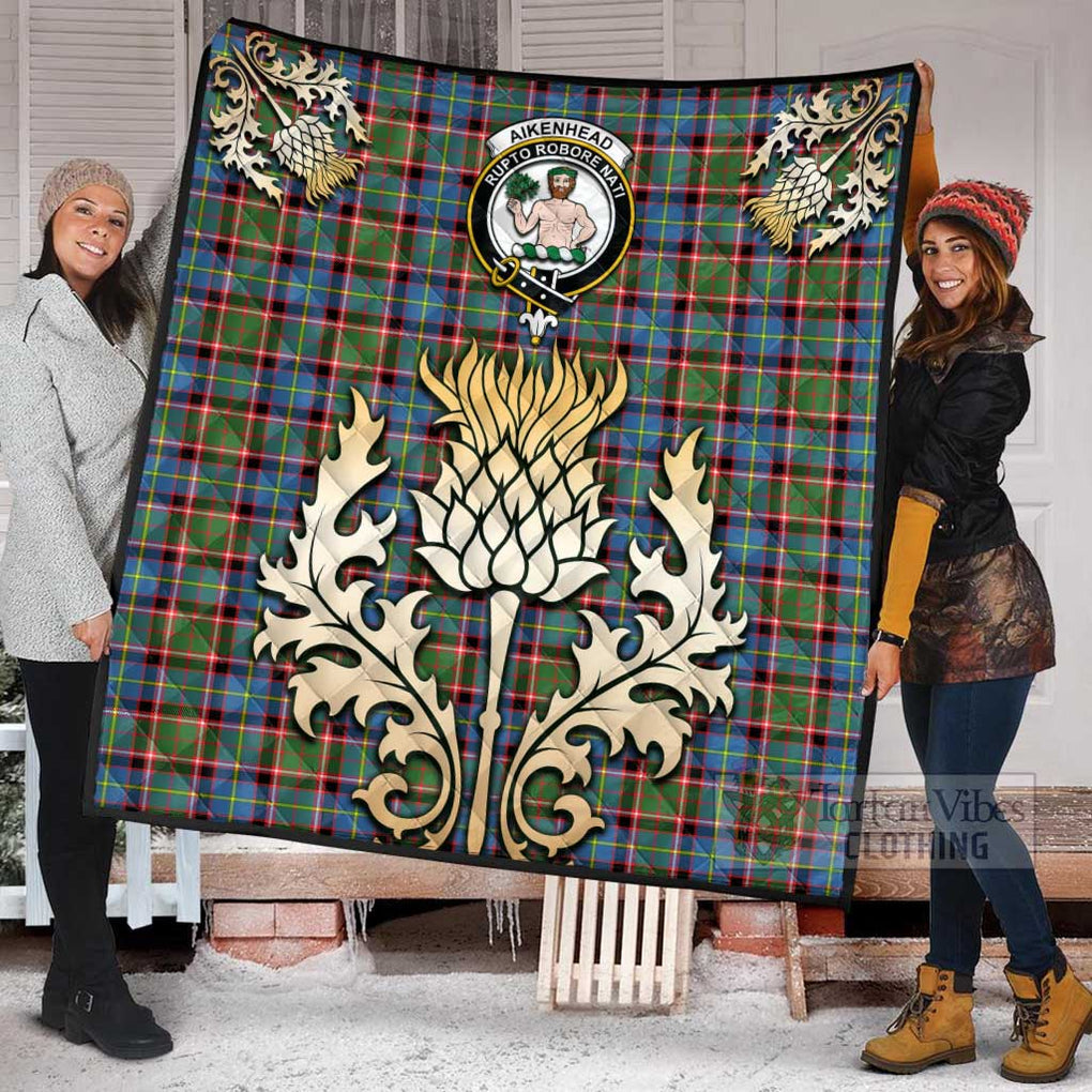 Aikenhead Tartan Quilt with Family Crest and Golden Thistle Style Super King Quilt 91" x 110" - Tartan Vibes Clothing