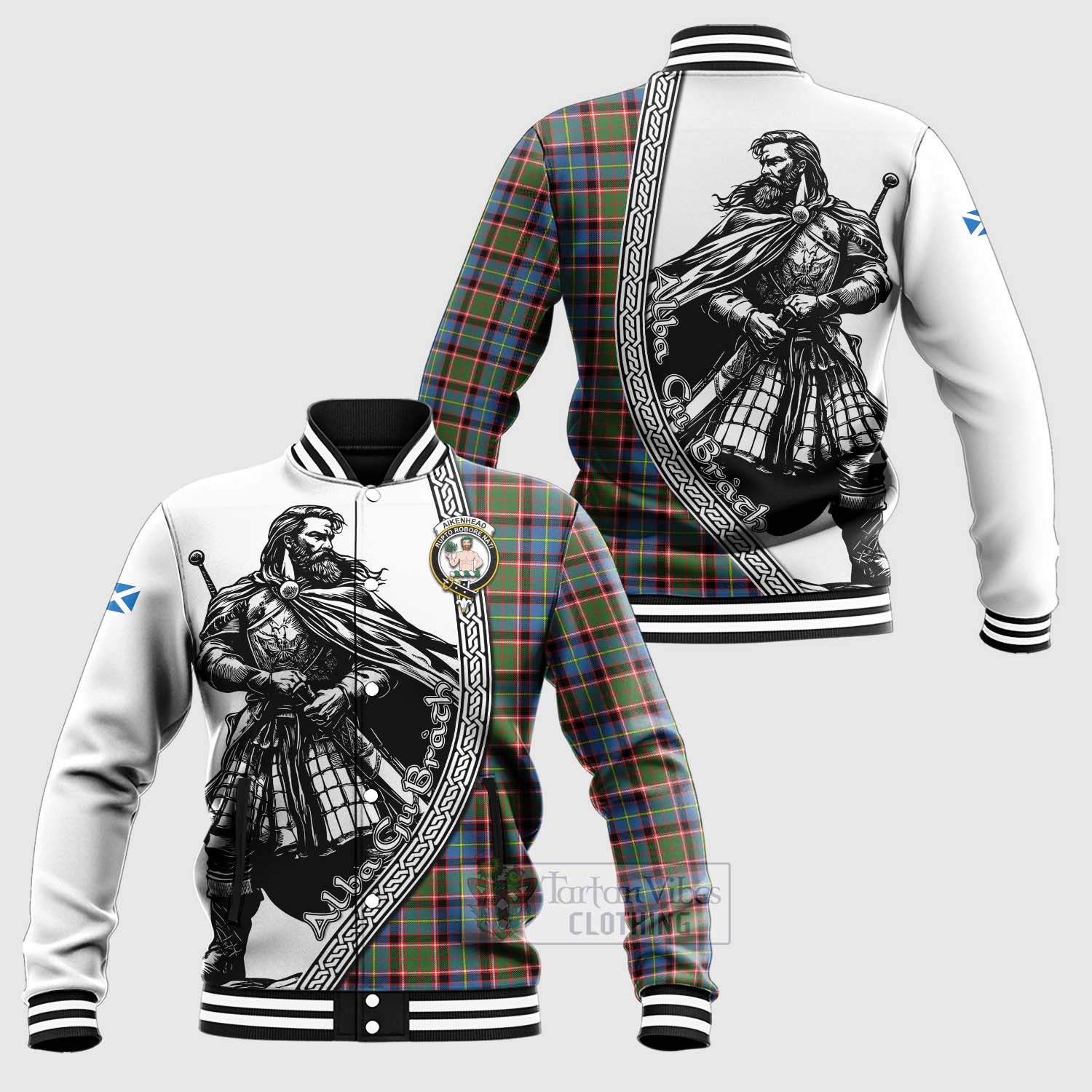 Aikenhead Tartan Clan Crest Baseball Jacket with Highlander Warrior Celtic Style Unisex - Tartan Vibes Clothing